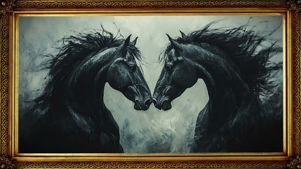 PAIR | Vintage TV Oil Art Horse Painting | Gold Frame TV Art | Art Screensaver for TV 2 hrs