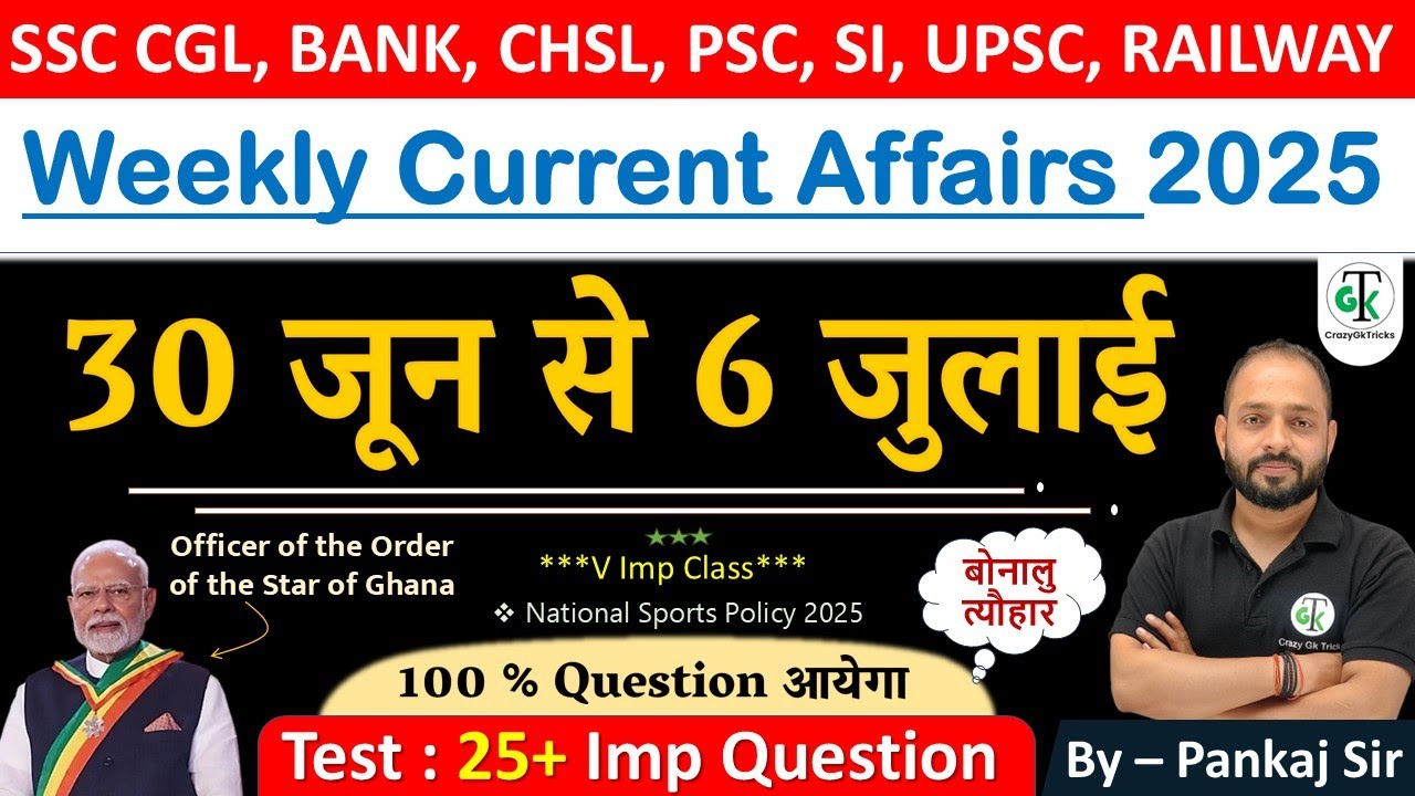 30 June - 06 July 2025 Weekly Current Affairs | Most Important Current Affairs 2025 | CrazyGkTrick