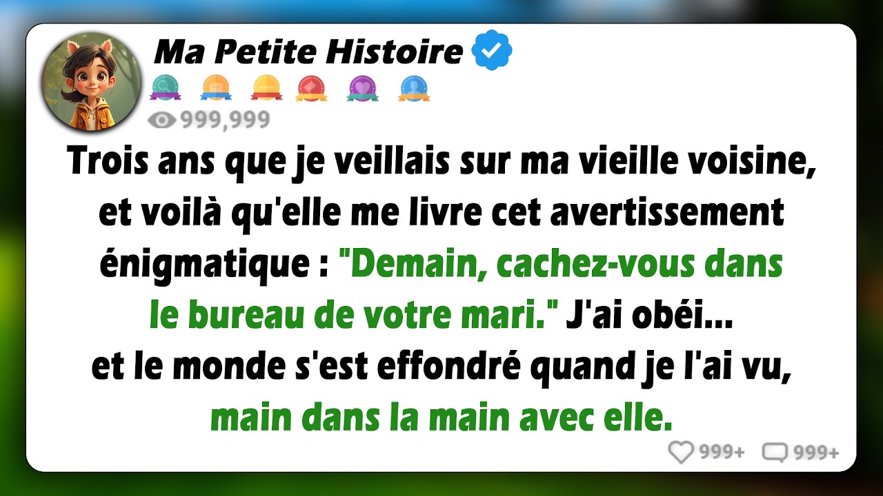 Grâce à l'aide d'une personne âgée, j'ai été avertie de me cacher dans le bureau de mon mari... J'ai