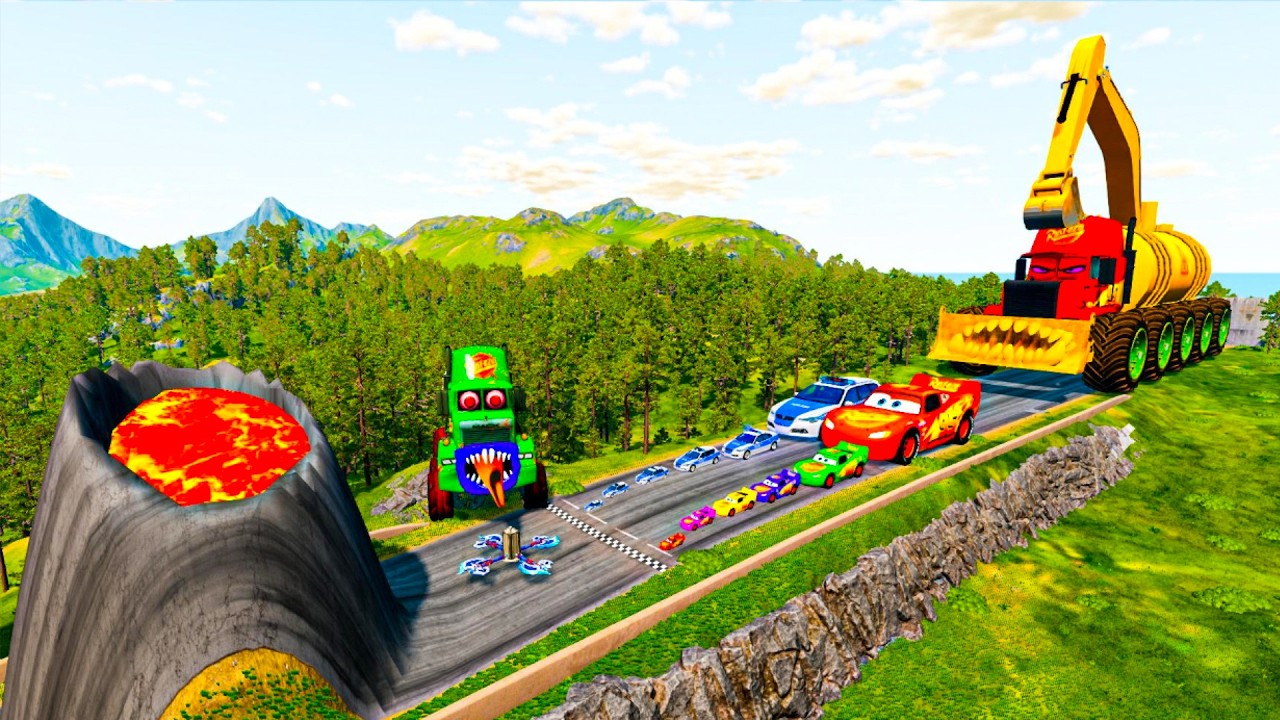 Big & Small McQueen & Police Car vs Zombie Mack vs Giant Volcano Downhill Race – BeamNG.drive