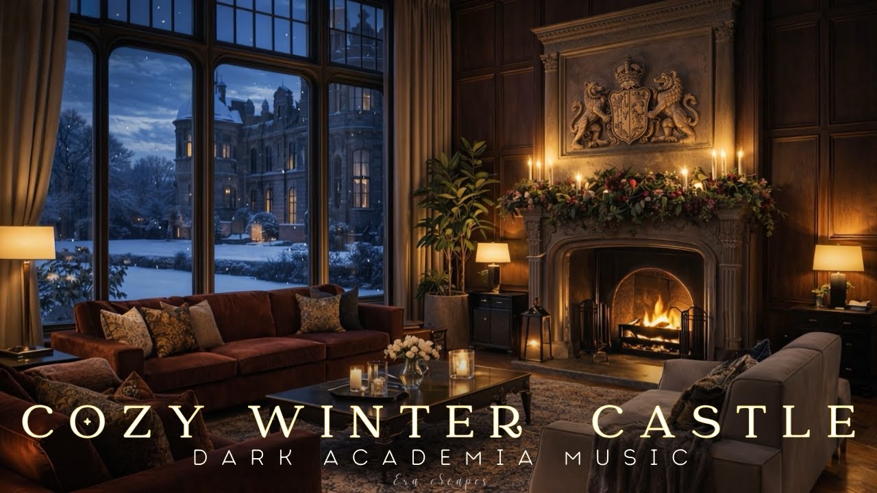 Warm Winter Scottish Castle Fireplace | Dark Academia Piano Music | Sleep, Study & Reading