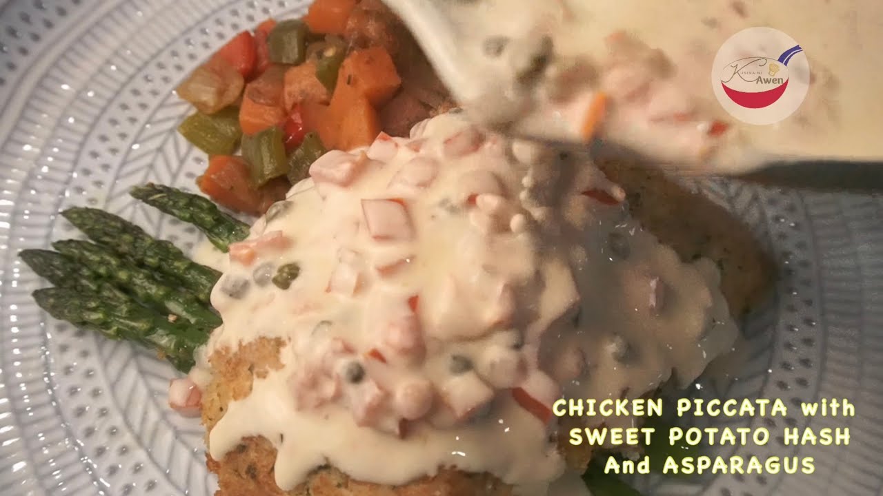 CHICKEN PICCATA WITH SWEET POTATO HASH AND ASPARAGUS