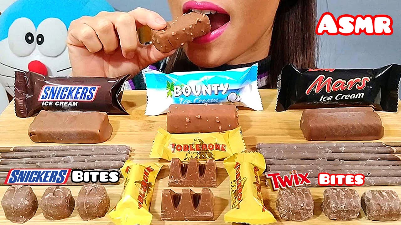 EATING CANDY ICE CREAM BARS(SNICKERS, MARS, BOUNTY) & CHOCOLATE BAR BITES ASMR  먹방 Real Sounds