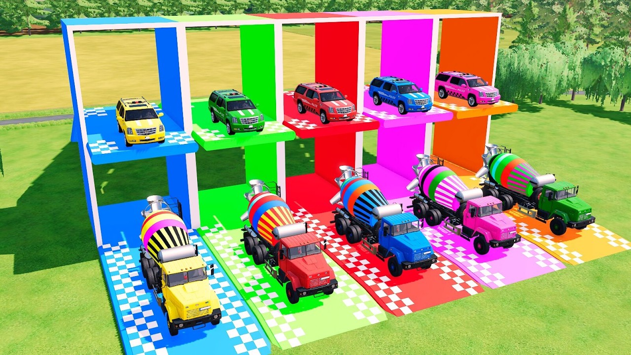 Garage with Colors - ALL MIXER TRUCK WITH DOUBLE FLATBED TRAILER TRUCK, MACK, KENWORTH, PETERBILT