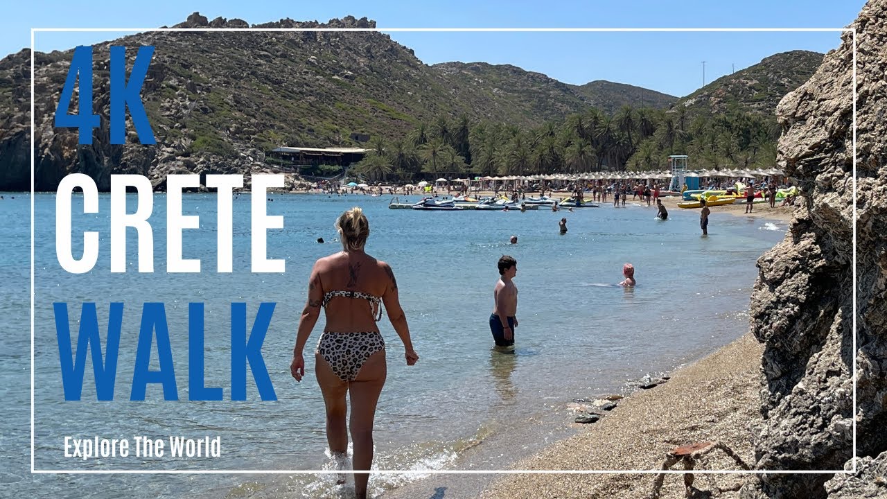 【4K】 Greece Crete Walk - Paralia Vai Palm Beach with Sea Waves Sounds