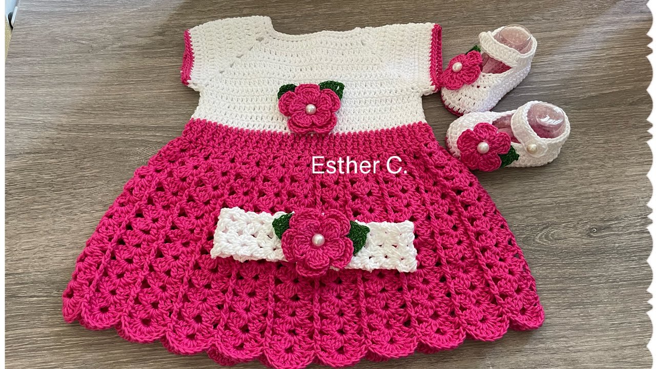 Crochet Baby Dress tutorial 0-3 months baby headband and shoes