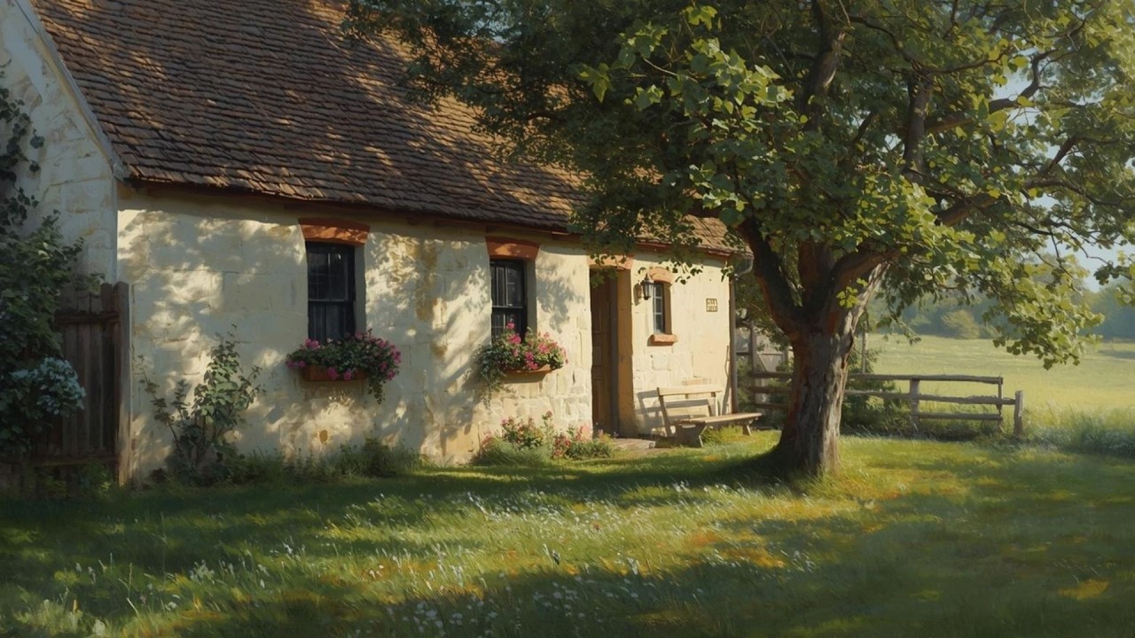 English Country Cottage with Oak Tree Vintage Painting | Frame TV Art Display | 2-Hour Screensaver