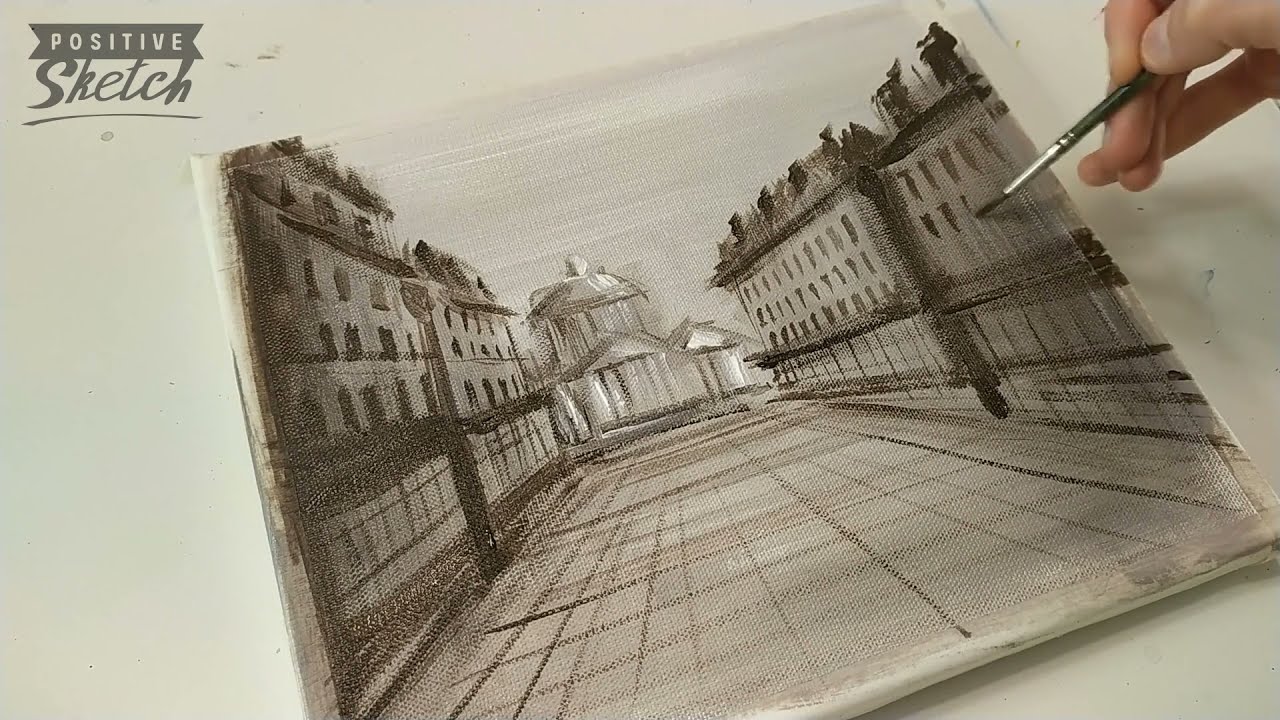 Acrylic painting, Sepia cityscape painting, Sepia art