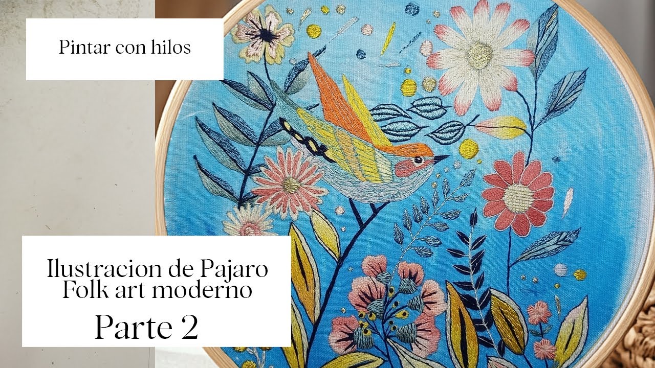 Bordemos una ilustracion de pajaro Folk moderno, usando hilos satinados, metalizados  parte 2 de 4