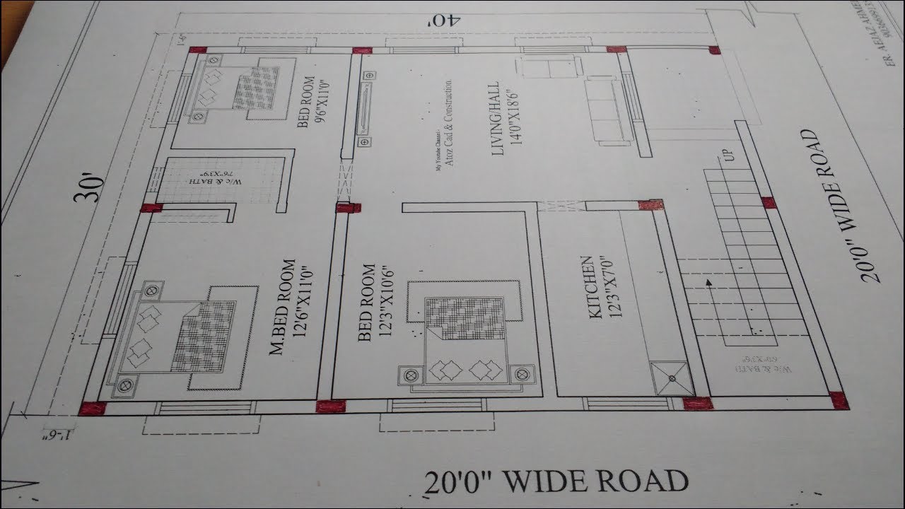 30'x40' 3BHK House Plan & Column Location Naksha