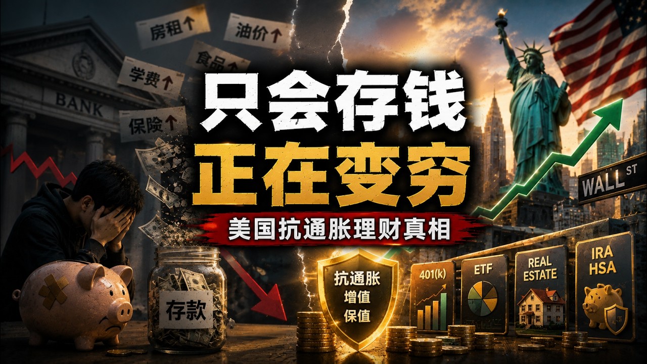 在美国，存款才是最危险的&ldquo;慢性自杀&rdquo;！哪些理财方式是陷阱，哪些才是真正的抗通胀武器？普通家庭如何用401k、IRA、ETF和现金分层策略跑赢通胀？为什么&ldquo;储蓄习惯&rdquo;在美国最吃亏？通胀如何无声掠夺财富？