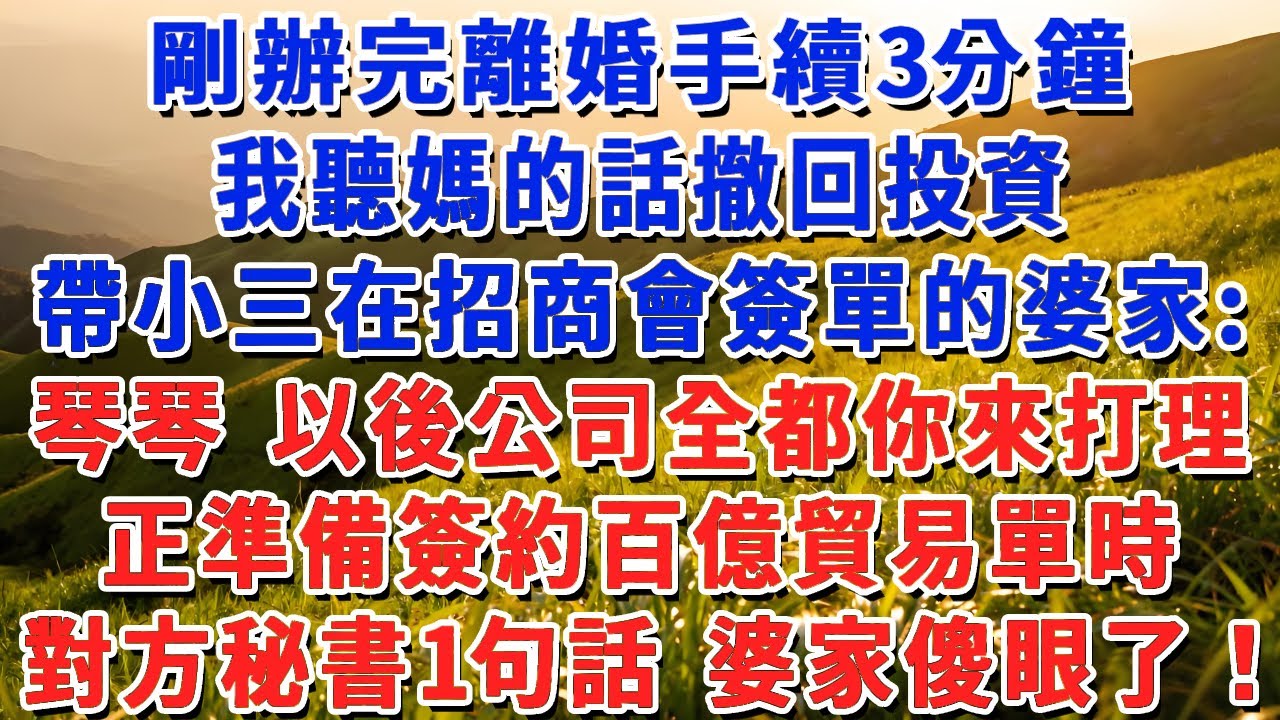 剛辦完離婚手續3分鐘，我聽媽的話撤回投資，帶小三在招商會簽單的婆家：琴琴 以後公司全都你來打理！正準備簽約百億貿易單時，對方秘書1句話 婆家傻眼了！#小娟講故事 #情感故事 #老年生活