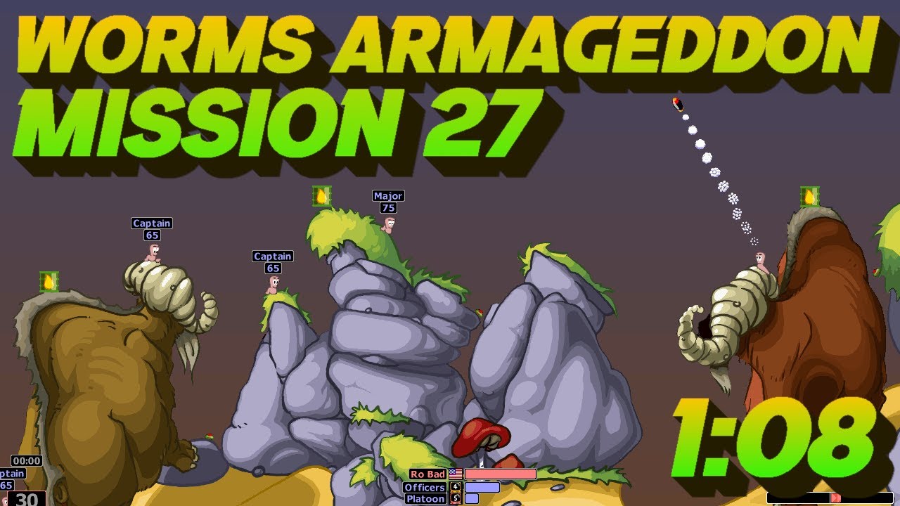 Worms Armageddon - Mission 27 (Bazooka on the Rocks) Speedrun in 1:08 (WR)