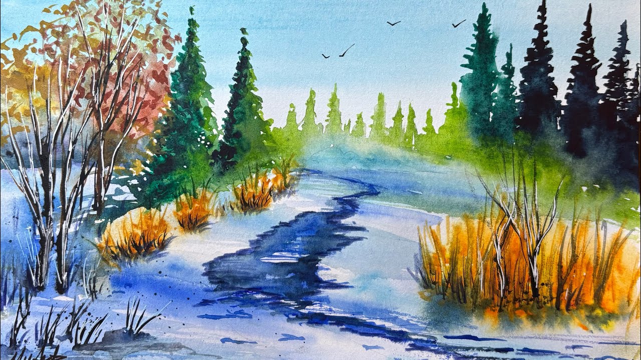 Relaxing Winter Landscape Watercolor Painting | Serene Snowy Forest Scene