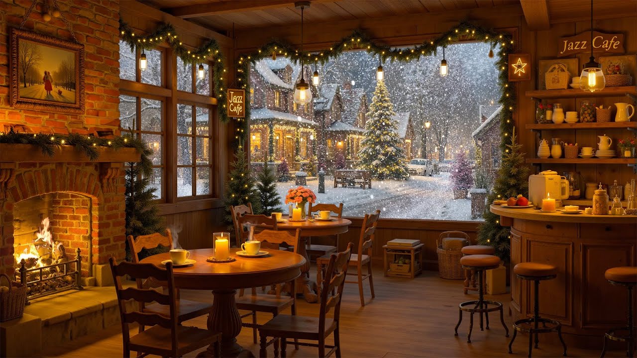 Coffee Relaxing Music with  Crackling Fireplace Sound ☕ Cozy Coffee Shop in Winter Ambience