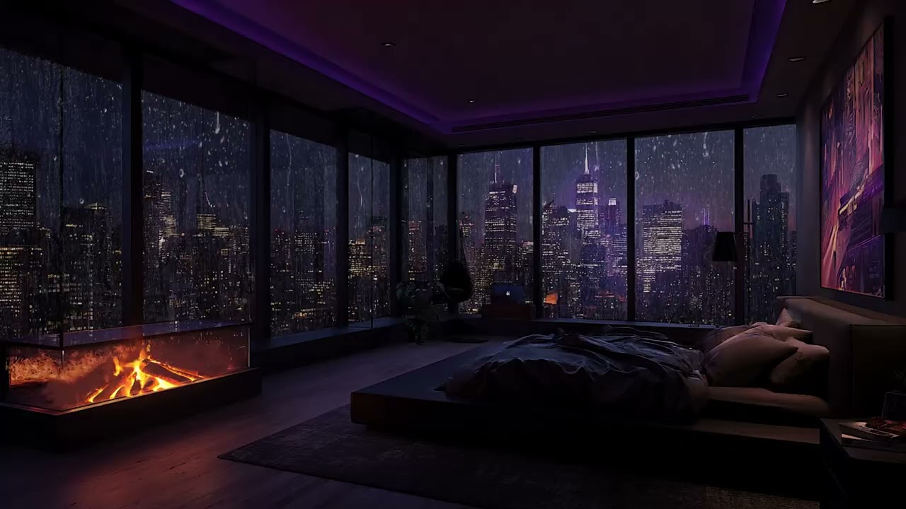 Rainy Night in the City 🌧️ | Slow Piano Music with Cozy Fireplace Atmosphere