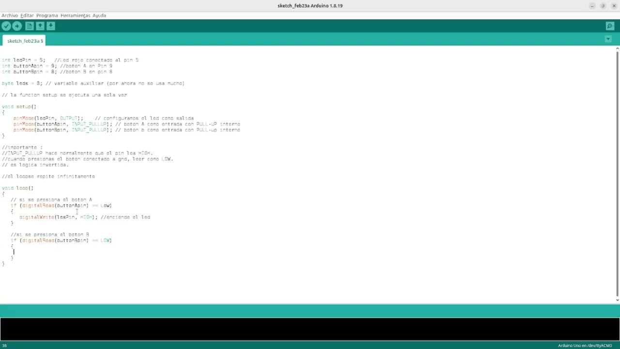 PRACTICA 3 PRENDER LED CON DOS BOTONES ARDUINO UNO