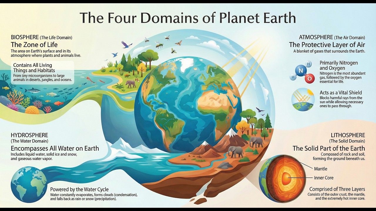 The Four Domains of the Earth Explained for Kids | Hydrosphere, Atmosphere, Lithosphere, Biosphere