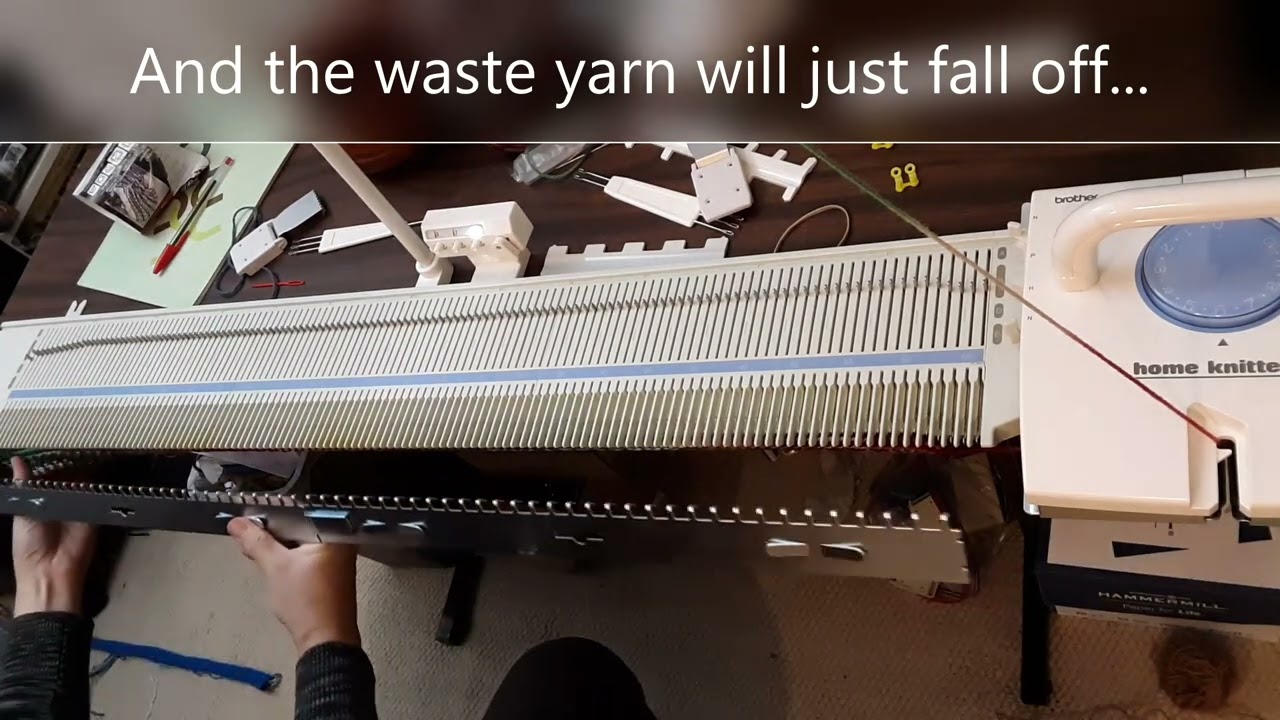 Demo of using Red Heart Super Saver yarn on Brother KX 350 knitting machine to knit a  hoodie/cowl.