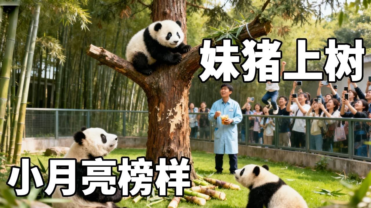作为调皮小月亮的前辈，妹猪这孩子真的了不起，不到半岁就可以登顶大树【你好大熊猫】#大熊猫妹猪