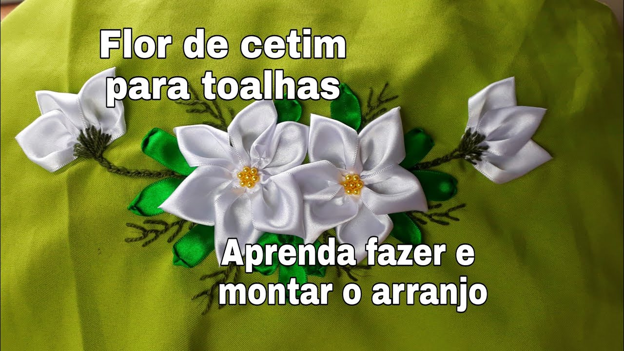 Flor de cetim branca. Aprenda à fazer a flor, o botão, a folha e montar o arranjo.
Modelo 34