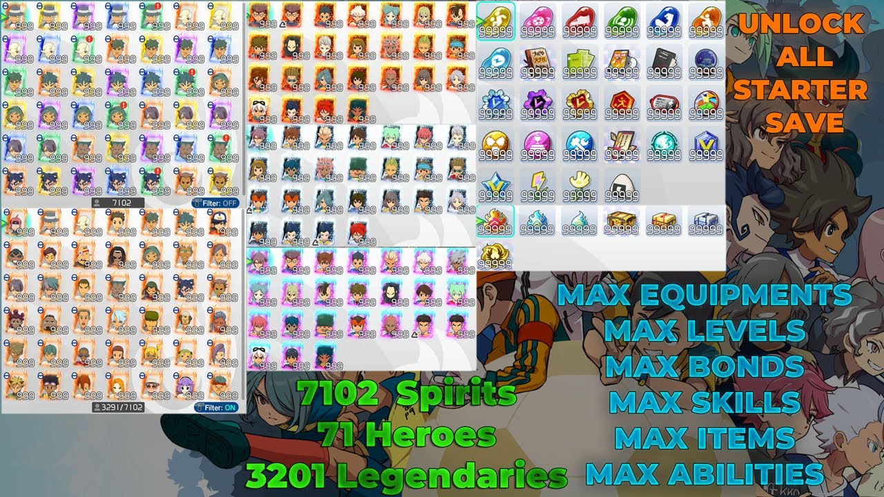 Inazuma Eleven Victory Road Unlock All Starter Moddded Save, All Spirits, 71 Heroes, and more . . .