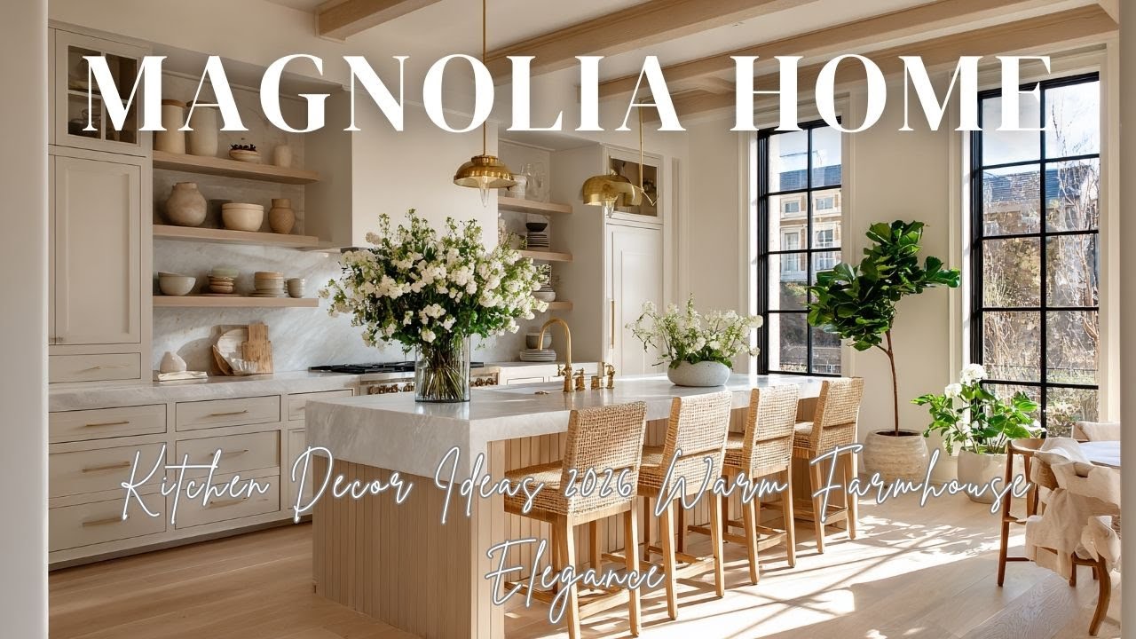 Идеи оформления кухни 2026 года, вдохновленные Magnolia Home и отличающиеся теплой, деревенской э...