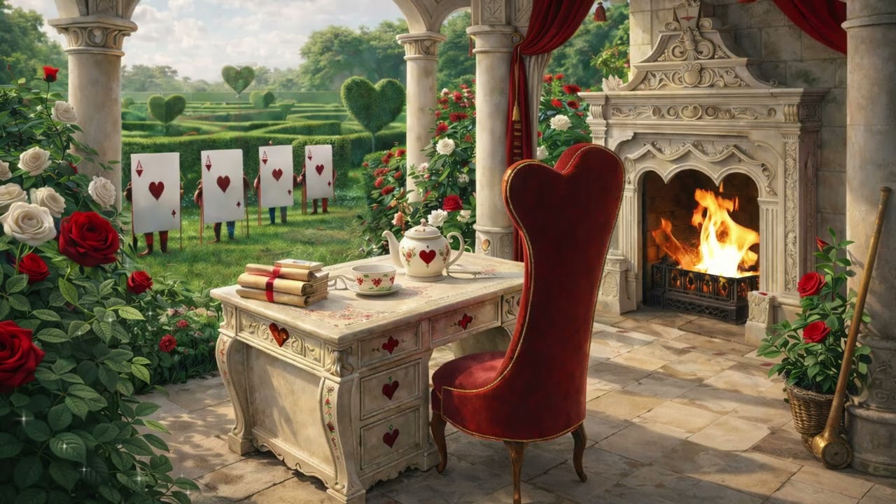 Study in the Queen of Hearts’ Rose Garden 🌹🔥 | Alice in Wonderland Fireplace Ambience