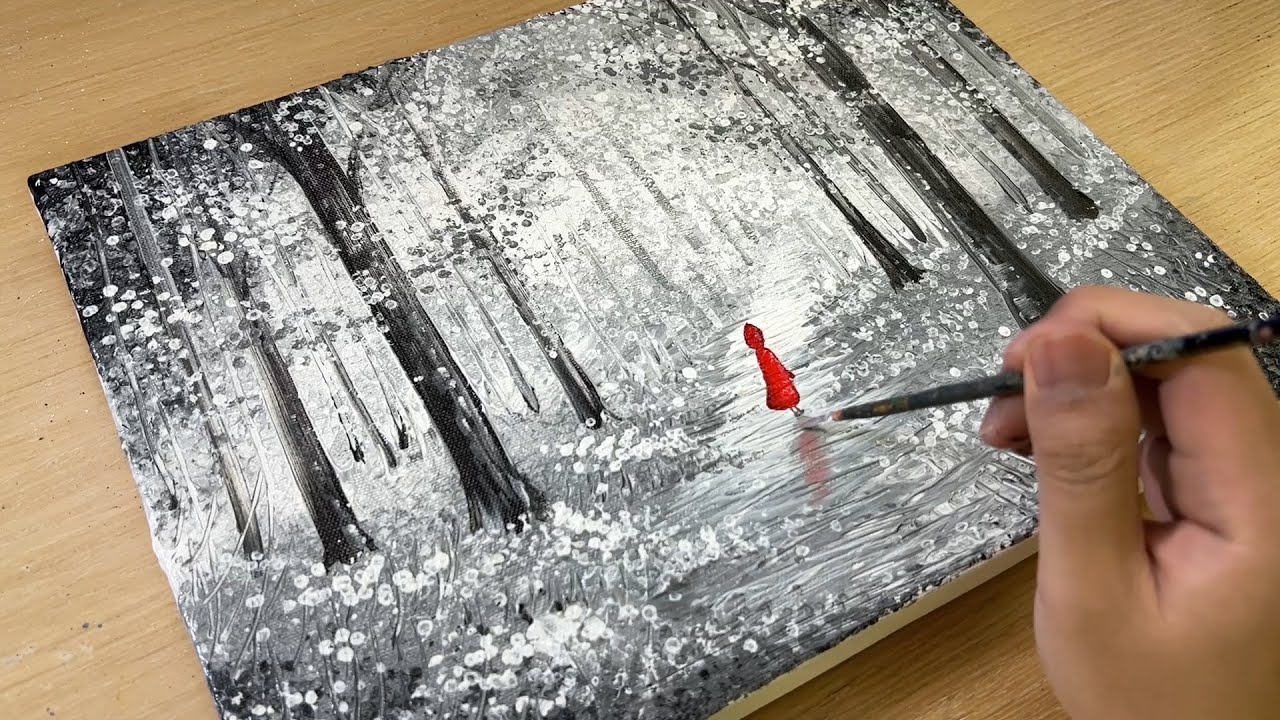 Картина серый лес / Техника акриловой живописи / Как нарисовать Красную Шапочку