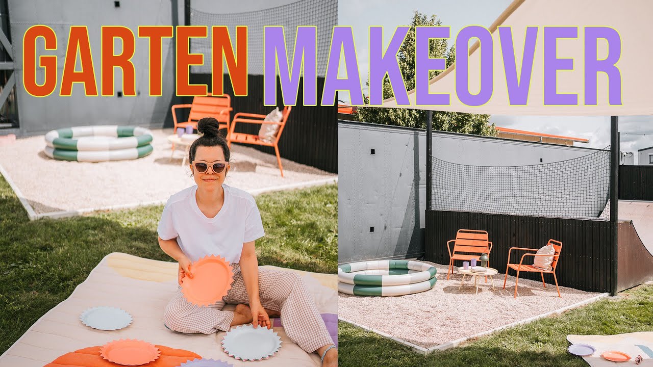 riesen Gartenmakeover, DIY Sonnensegel, Kiesterrasse und Holzverkleidung für die Minirampe