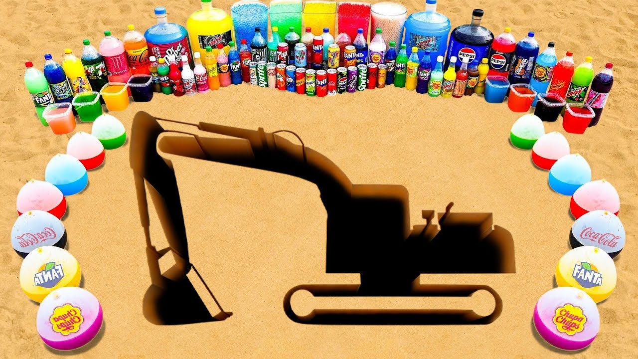 How to Make Excavator with Cement & Orbeez, Giant Balloons of Sodas, 7Up, Fanta, Coca Cola vs Mentos