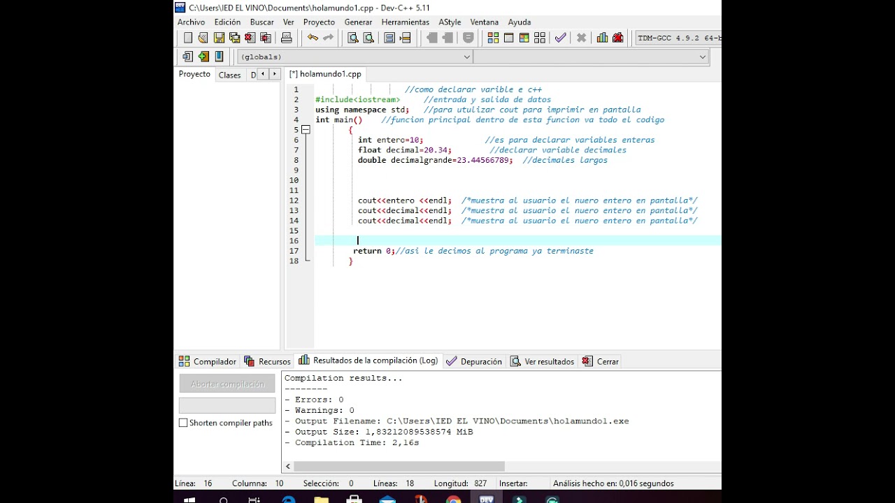 explicacion de como declarar variables int float   en DEV C++  y como compilarlo