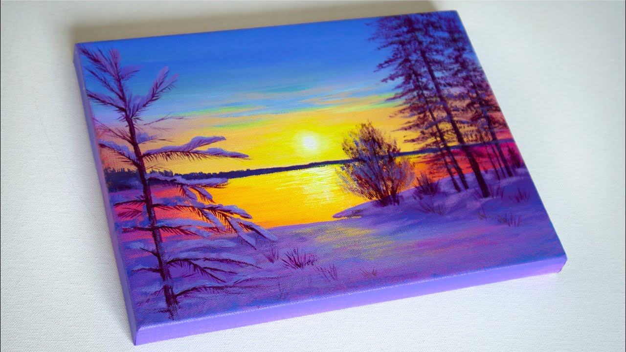 Winter Lake Painting | Sunset Painting | Acrylic Painting Sunset