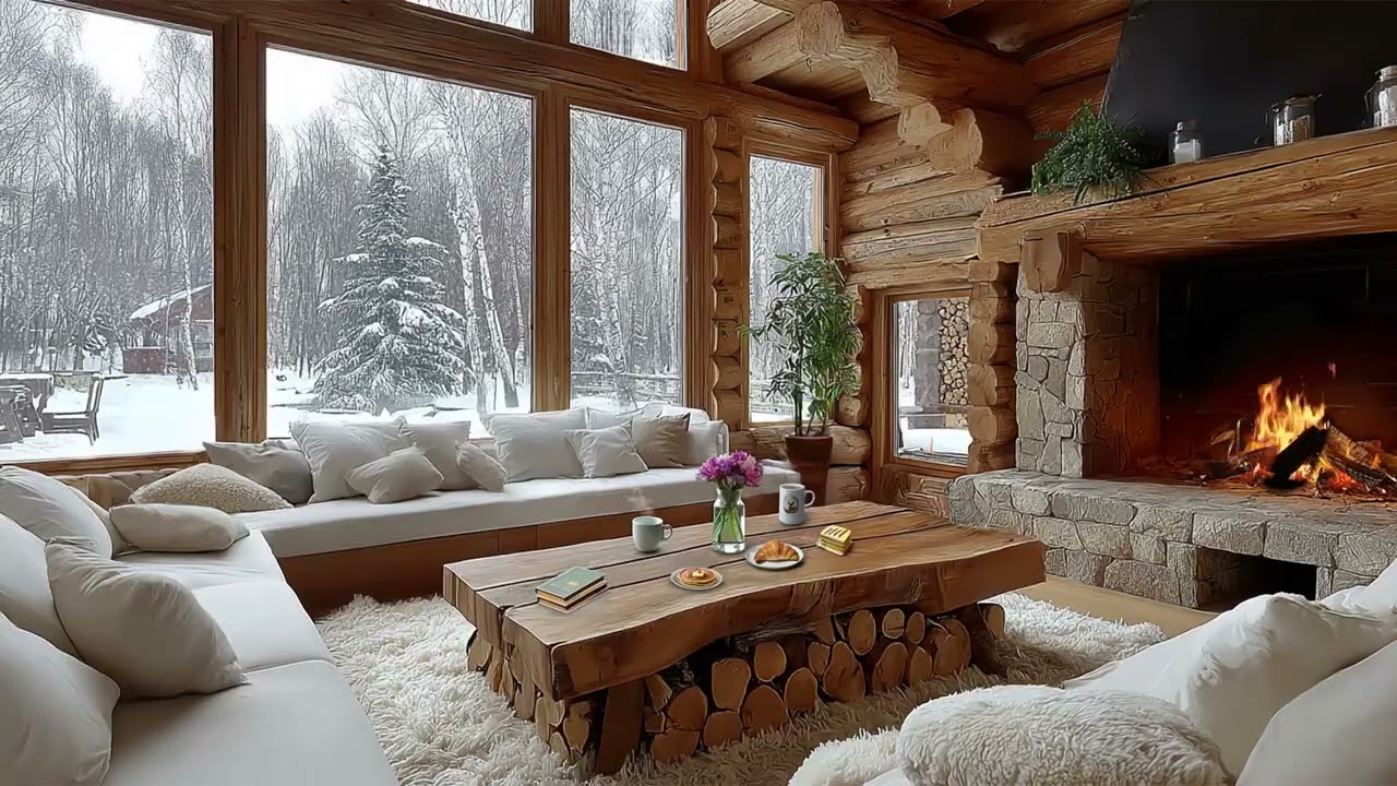 Cozy Winter Cabin Ambience ❄️ Fireplace & Snowy Mountain View | Relax, Unwind, Study