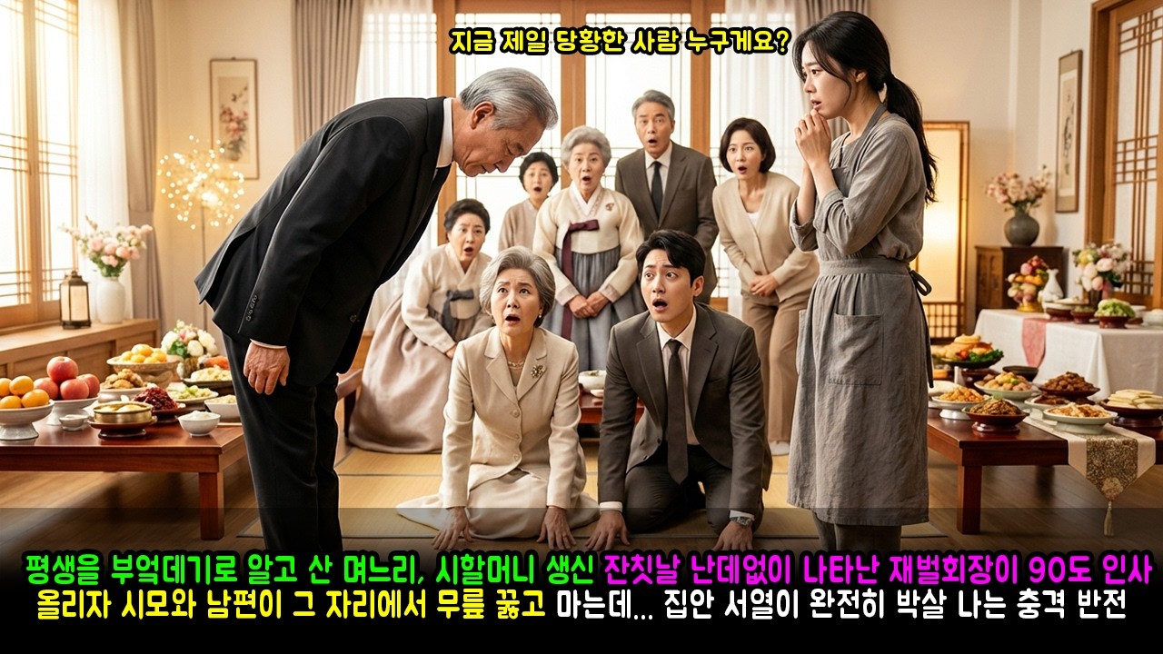 부엌데기 며느리에게 시할머니 생신 잔칫날 재계 서열 1위 재벌회장이 달려와 90도 인사하자 시어머니는 뒷목 잡고 쓰러지고 남편은 벌벌 떠는데... 권력이