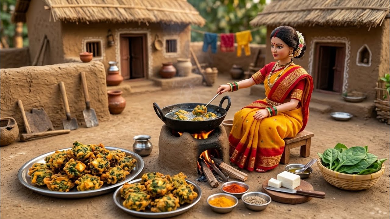 Miniature Doll Palak Paneer Pakora Cooking ASMR | Indian Village Tiny Kitchen Cooking