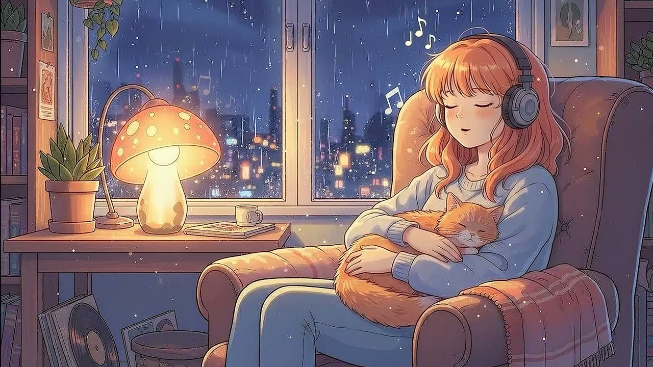 Get 4 HOURS of RELAXING LOFI Music With GIRL, CAT & RAIN!