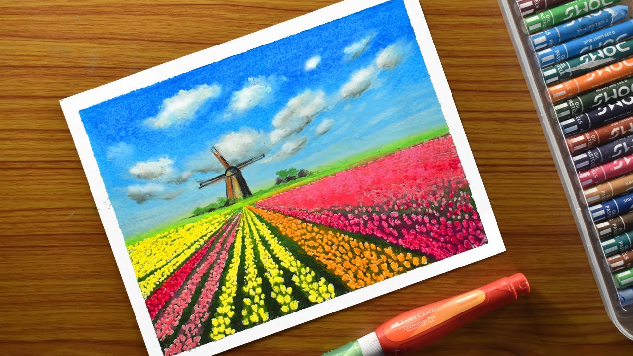 Oil pastel drawing for beginners- Scenery drawing- beautiful Tulip Field- How to Draw Tulip Field