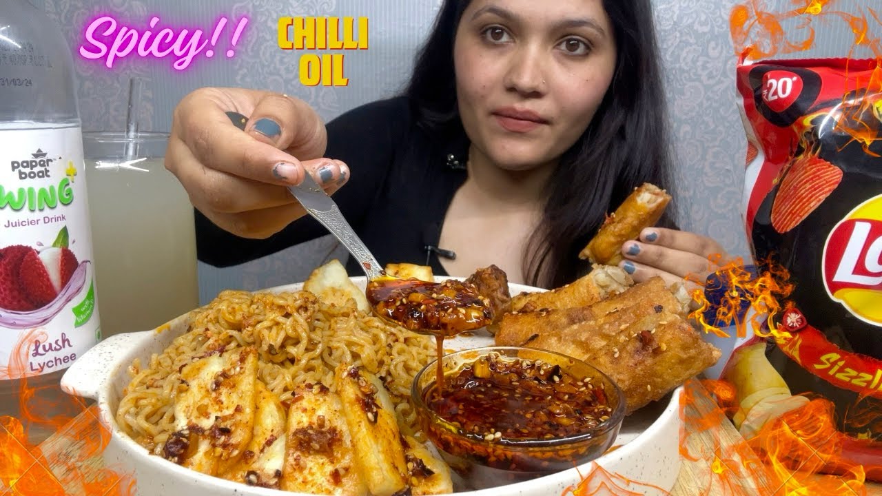 SPICY NOODLES | Eating Spicy Chilli Oil Noodles, Spring Roll