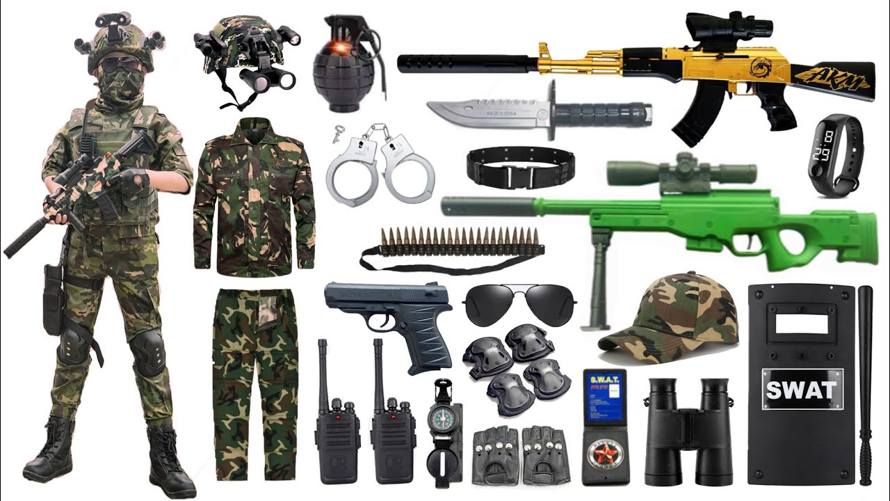Special Police Weapons Toy set Unboxing-Gold AK-47 guns, AWM  Sniper, Gas mask, Glock pistol, Dagger