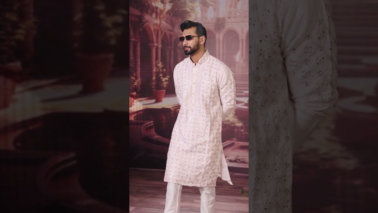 Azran Festive Panjabi 2025 | Off White Tussar Silk with Hand Embroidery