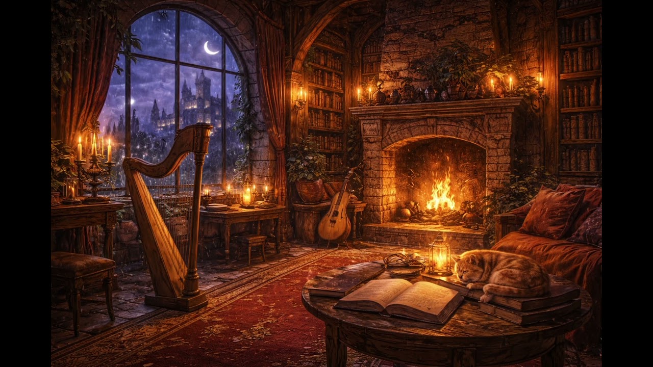 Rainy Castle Music Room🎻🔥 | Cozy Medieval Lo-Fi Ambience🎶 (CastleDreams)⚔️
