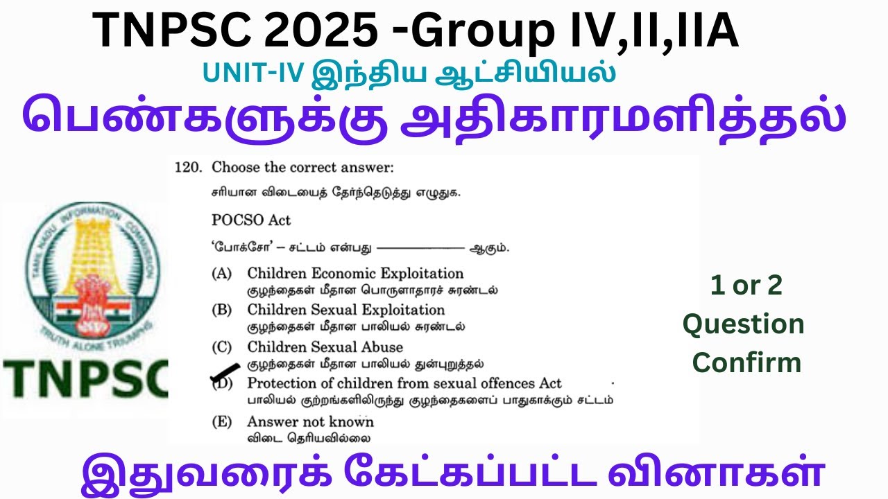 TNPSC 2025 Group4,II,IIA-Unit IV பெண்களுக்கு அதிகாரமளித்தல்  -TNPSC PREVIOUS YEAR QUESTIONS