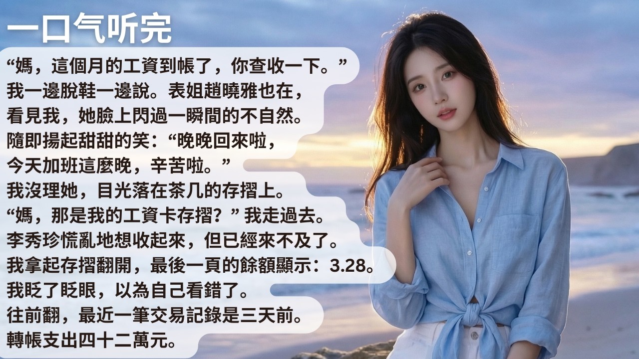 【完結】“媽，這個月的工資到帳了，你查收一下。”我一邊脫鞋一邊說。表姐趙曉雅也在，看見我，她臉上閃過一瞬間的不自然。隨即揚起甜甜的笑：“晚晚回來啦，今天【30分鐘聽完全文】#一口氣看完 #完結 #小說