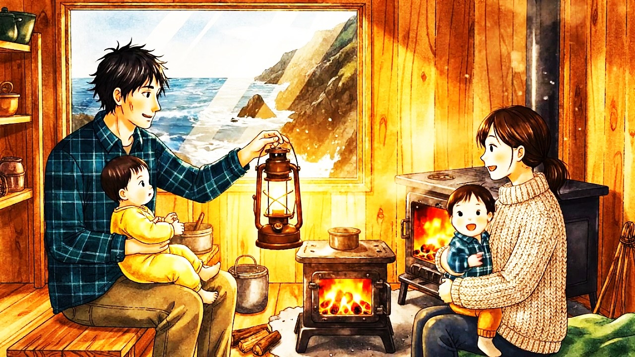 Cozy Coastal Storm in a Japanese Cliff Cabin | Mom, Dad & Baby (Ghibli Ambience)