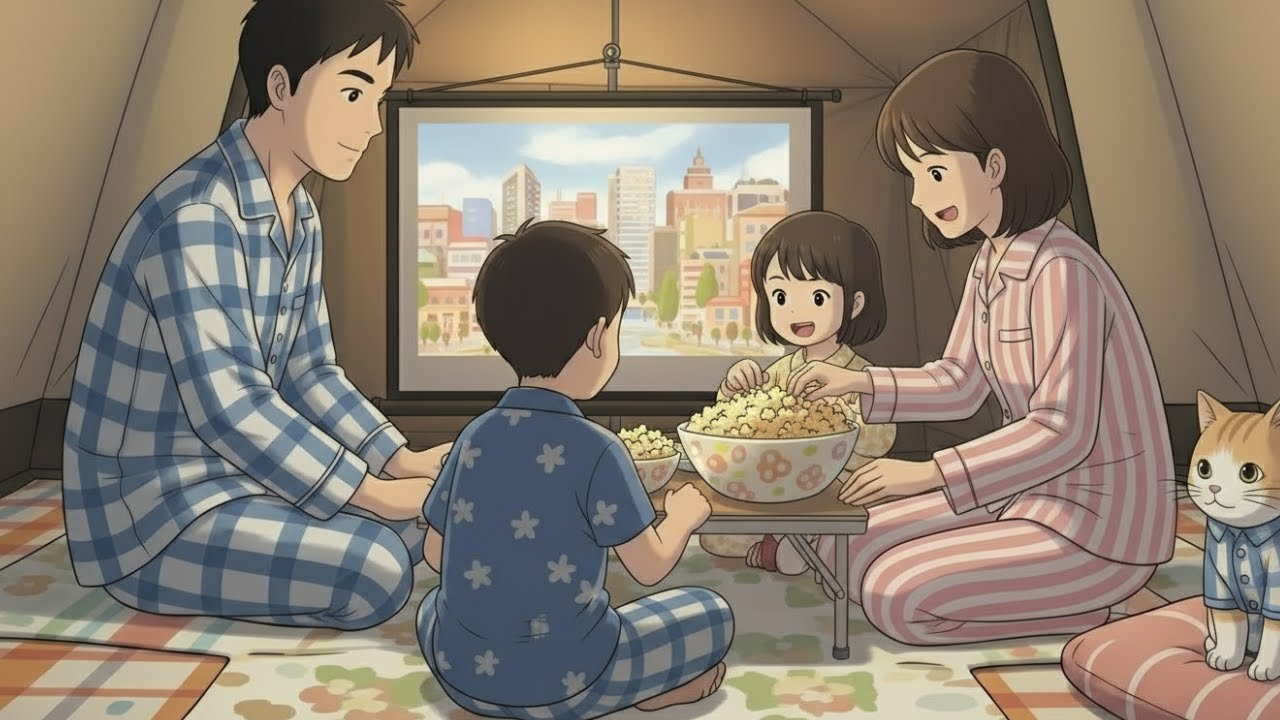 A Quiet Night at the Campsite: Movie Night, Warm Blankets & Family Time | Ghibli-Style ASMR
