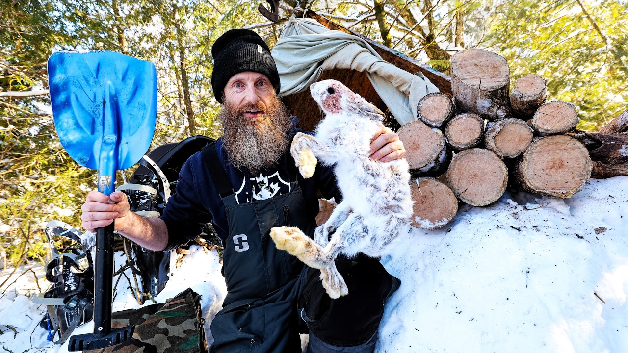 -25C Winter Camping DIY Hot Tent - Hunting Grouse, Survival Snaring & Bear Meat Stew