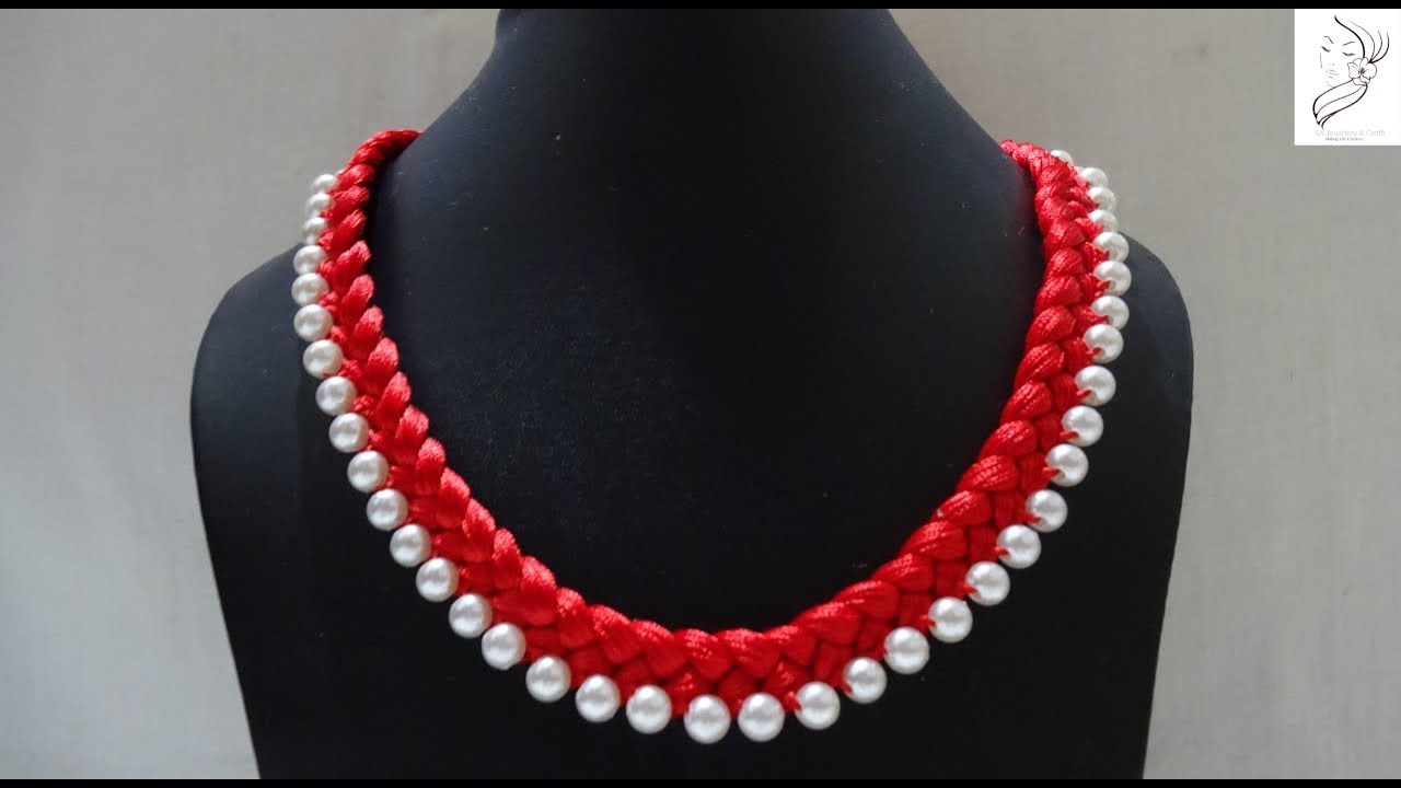 How to make silk thread necklace//pearl necklace
