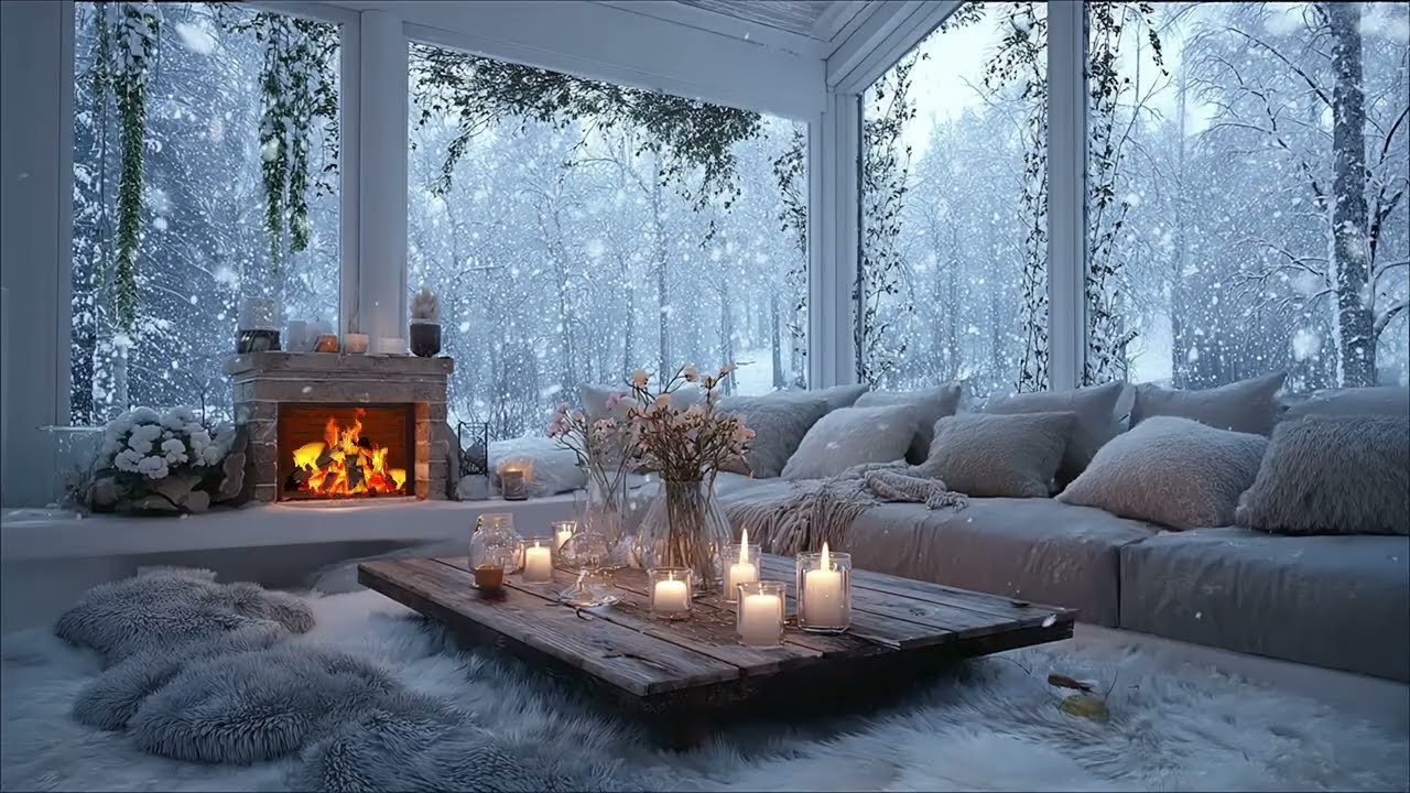 Cozy Winter Porch Ambience ☃️ Smooth Piano Instrumental Music & Snowy Day for Relax, Working
