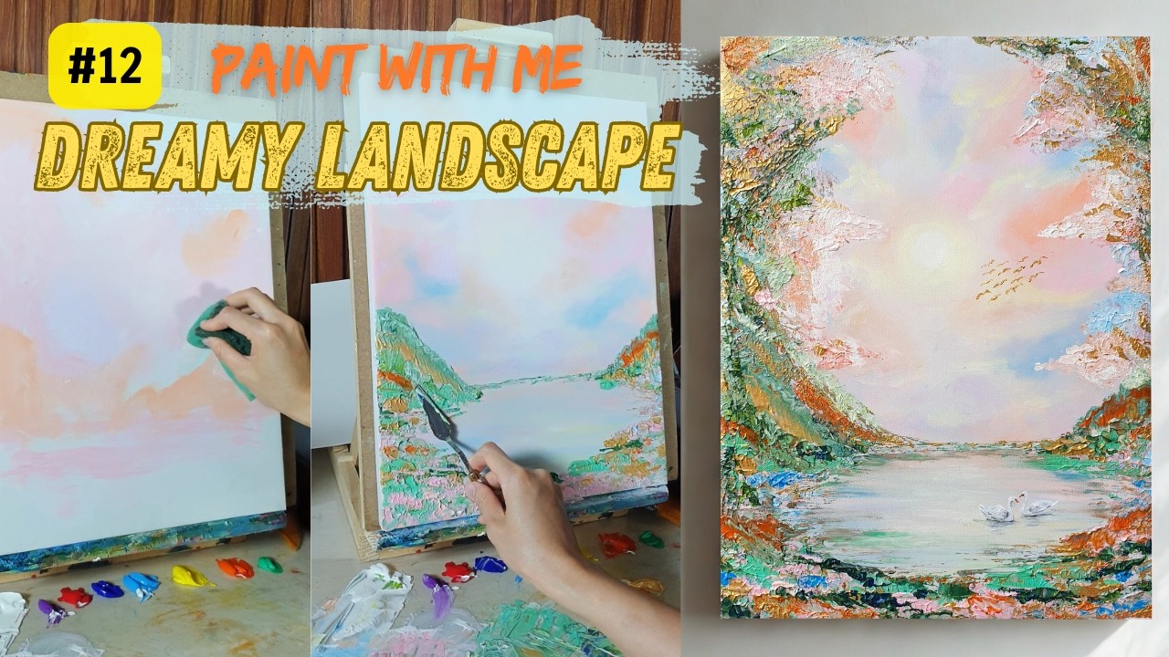 Easy Acrylic Landscape Painting Tutorial #12 | Swan Lake Abstract Art with Palette Knife